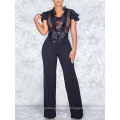 2019 New Designs Patchwork Mesh Ruffles with Bow See Through Lace Jumpsuits Women